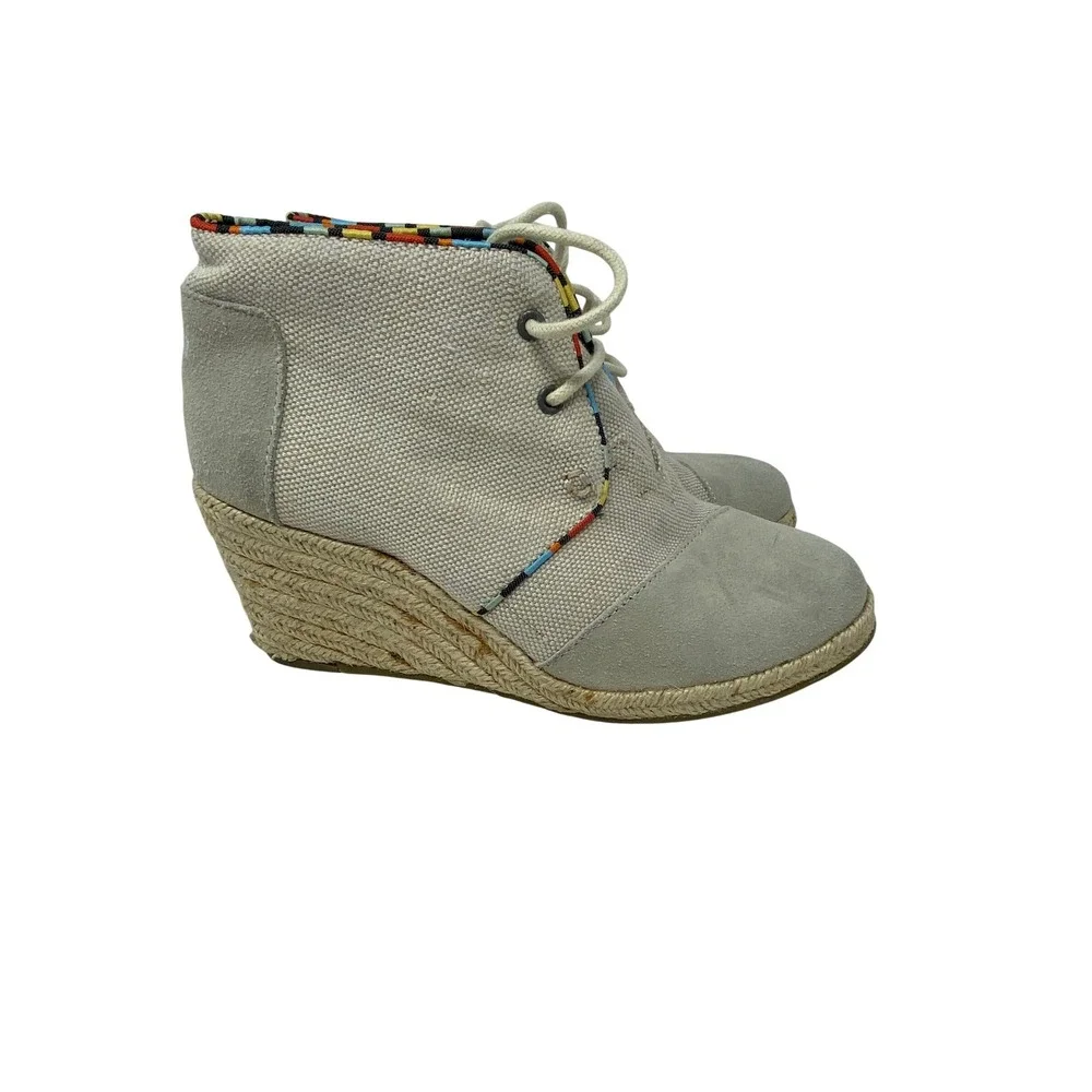 TOMS Desert Wedge Grey Canvas Suede Espadrille Lace Up Ankle Boots 681114